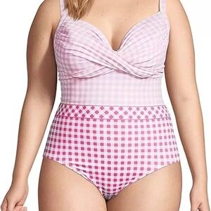 DRAPER JAMES x Lands End One Piece SWIMSUIT Size: 16 New Pink Gingham